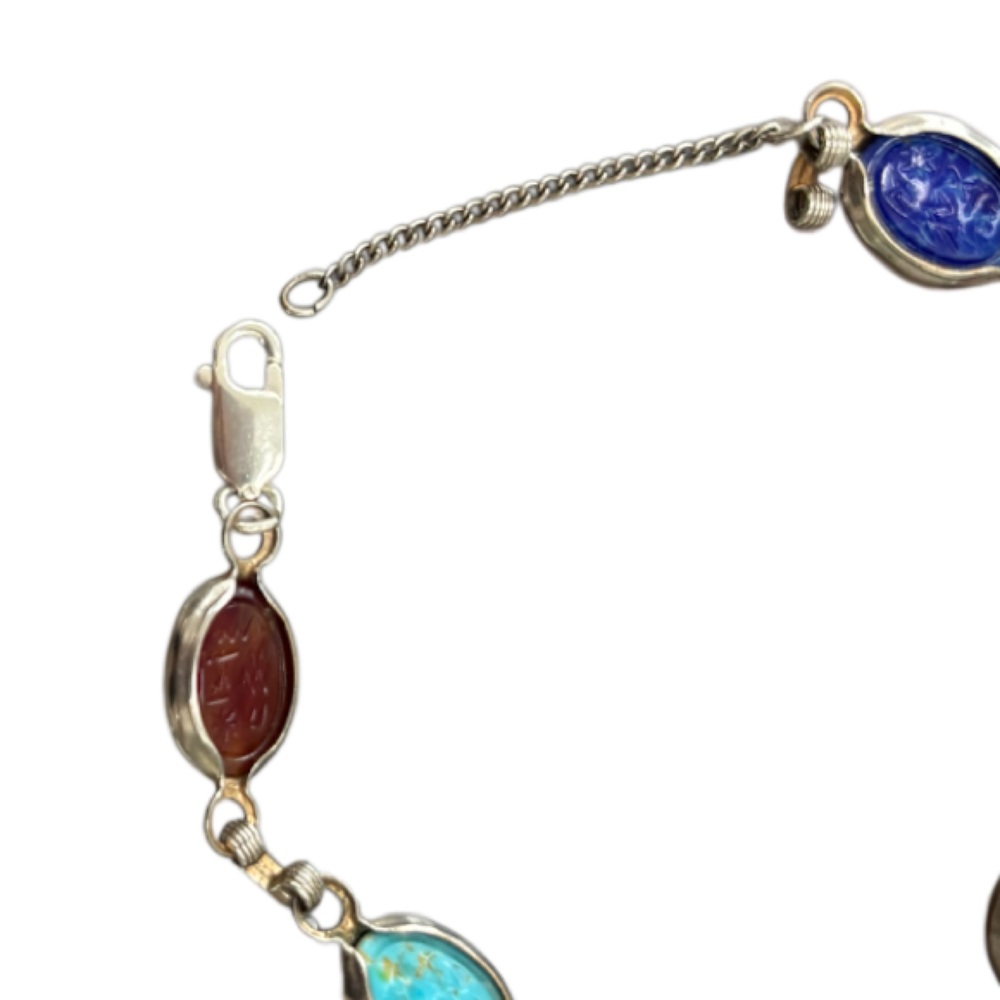 Vintage Scarab Bracelet Silver Retro Jewelry 60s MCM Carved Multicolor Stones - Picture 10 of 12